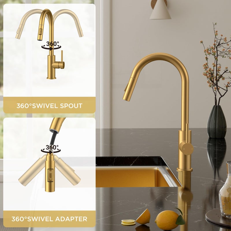 FORIOUS Gold Kitchen Faucet with Pull Down Sprayer, Brushed Brass High Arc Gooseneck Modern Sink Faucet with CUPC Ceramic Cartridge, Single Handle Stainless Steel and Deck Plate - Image 5
